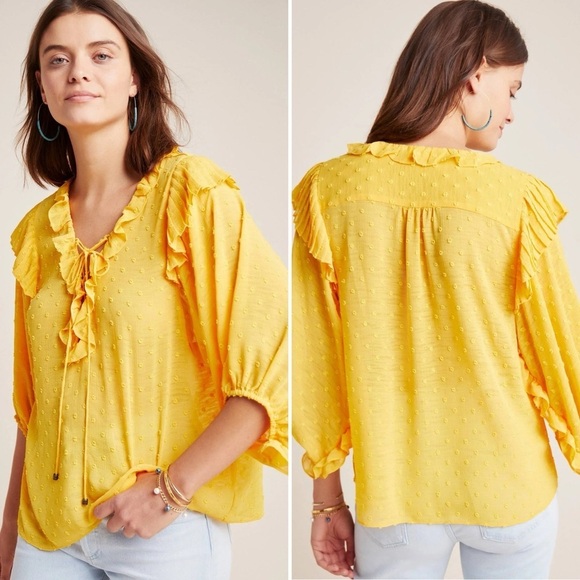 Anthropologie Haida Swiss Dot Peasant Top Small blouse marigold yellow ruffle - Picture 1 of 11
